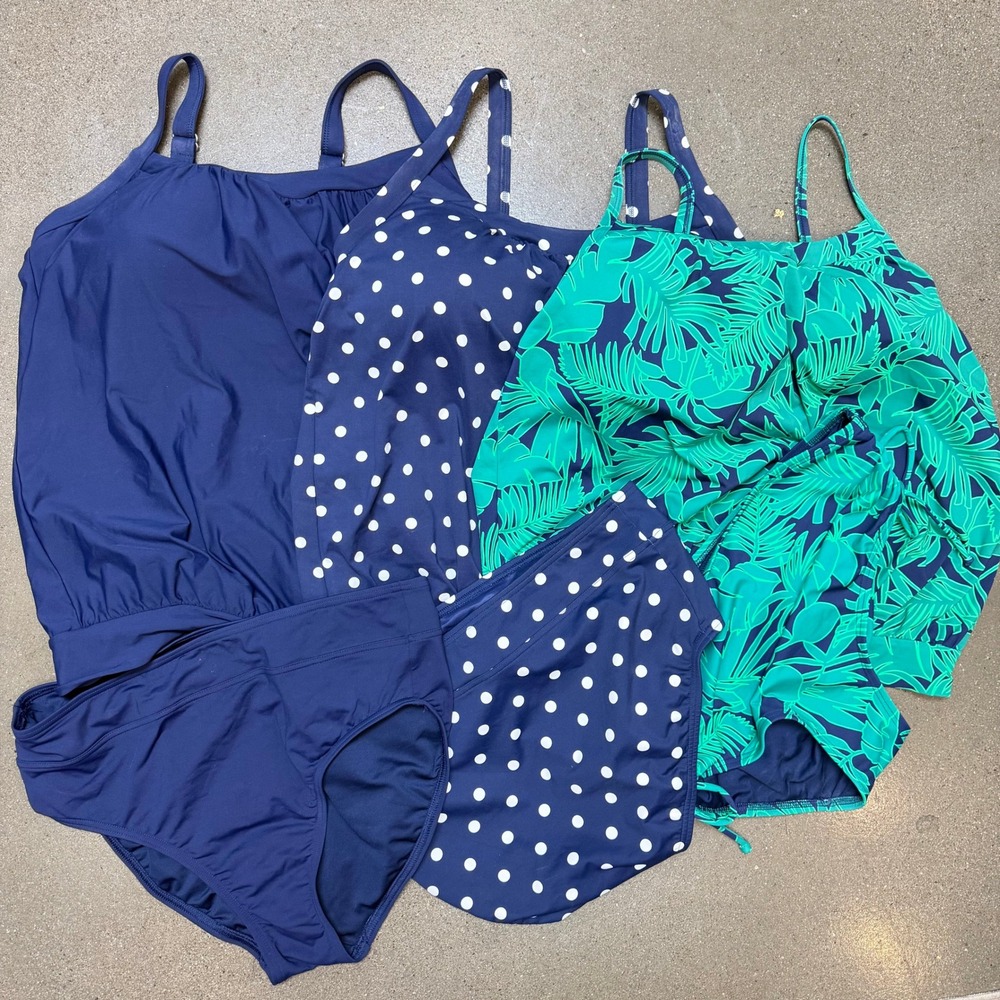 Lands End Womens Tankini Swim Set 6pc Navy Polka Dot Tropical Green 12 M